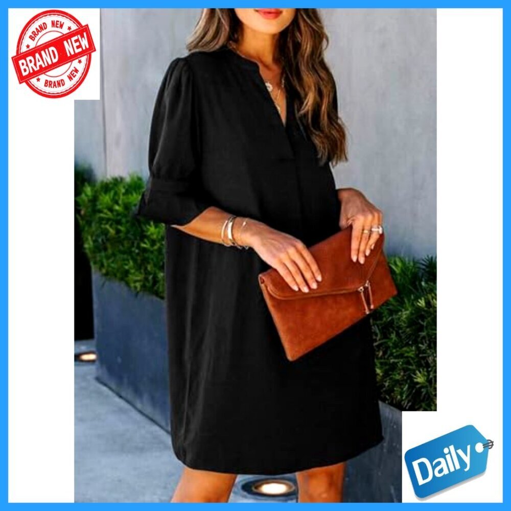 V-Neck Ruffle Short Sleeve Shift Dress, Polyester Casual Summer Wear - Picture 2 of 7